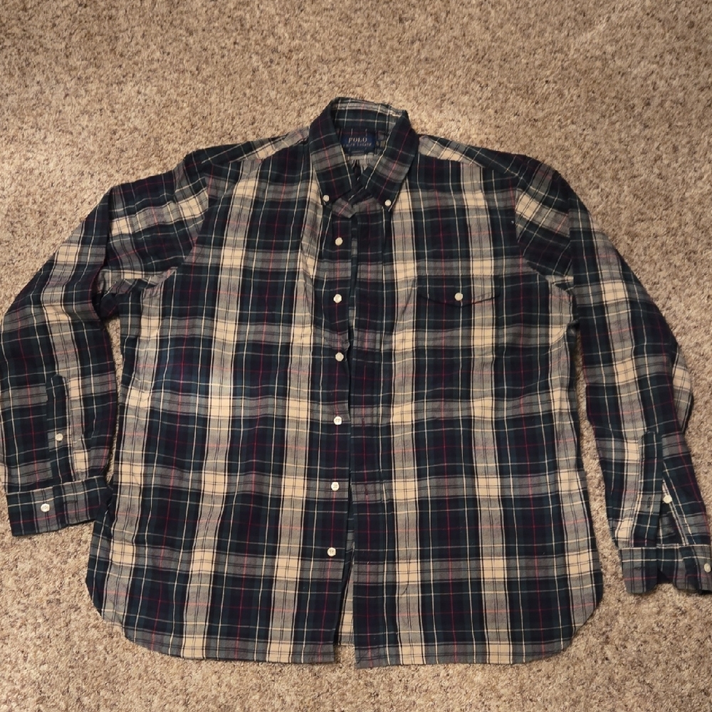 Polo Ralph Lauren Men's Plaid Shirt - Blue Green and Cream Sz XL